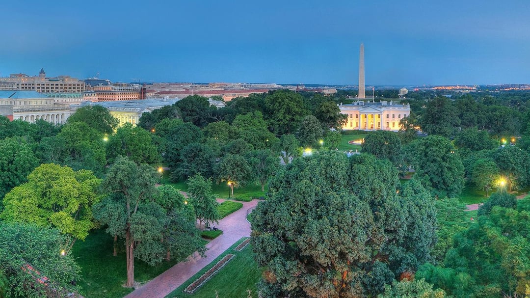 Aerial shot of the National Mall featuring the Washington Monument